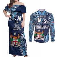 Personalised Fiji 54th Anniversary Couples Matching Off Shoulder Maxi Dress and Long Sleeve Button Shirt Siga Ni Bula Galala Marautaki O Viti LT9 Blue - Polynesian Pride