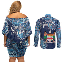 Personalised Fiji 54th Anniversary Couples Matching Off Shoulder Short Dress and Long Sleeve Button Shirt Siga Ni Bula Galala Marautaki O Viti LT9 - Polynesian Pride