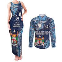 Personalised Fiji 54th Anniversary Couples Matching Tank Maxi Dress and Long Sleeve Button Shirt Siga Ni Bula Galala Marautaki O Viti LT9 Blue - Polynesian Pride
