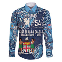 Personalised Fiji 54th Anniversary Family Matching Puletasi and Hawaiian Shirt Siga Ni Bula Galala Marautaki O Viti LT9 Dad's Shirt - Long Sleeve Blue - Polynesian Pride
