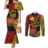 Personalised Papua New Guinea 49th Anniversary Couples Matching Mermaid Dress and Long Sleeve Button Shirt Hapi De bilong Indipendens Papua Niugini LT9 Black - Polynesian Pride