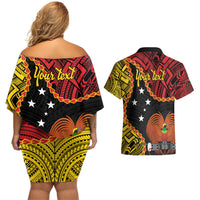 Personalised Papua New Guinea 49th Anniversary Couples Matching Off Shoulder Short Dress and Hawaiian Shirt Hapi De bilong Indipendens Papua Niugini