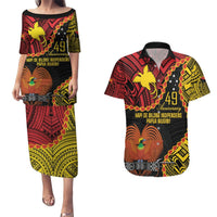 Personalised Papua New Guinea 49th Anniversary Couples Matching Puletasi and Hawaiian Shirt Hapi De bilong Indipendens Papua Niugini LT9 Black - Polynesian Pride