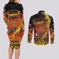 Personalised Papua New Guinea 49th Anniversary Couples Matching Long Sleeve Bodycon Dress and Long Sleeve Button Shirt Bird of Paradise Unity In Diversity