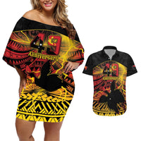 Personalised Papua New Guinea 49th Anniversary Couples Matching Off Shoulder Short Dress and Hawaiian Shirt Bird of Paradise Unity In Diversity LT9 Black - Polynesian Pride