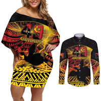Personalised Papua New Guinea 49th Anniversary Couples Matching Off Shoulder Short Dress and Long Sleeve Button Shirt Bird of Paradise Unity In Diversity LT9 Black - Polynesian Pride