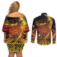 Personalised Papua New Guinea 49th Anniversary Couples Matching Off Shoulder Short Dress and Long Sleeve Button Shirt Bird of Paradise Unity In Diversity