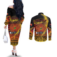 Personalised Papua New Guinea 49th Anniversary Couples Matching Off The Shoulder Long Sleeve Dress and Long Sleeve Button Shirt Bird of Paradise Unity In Diversity
