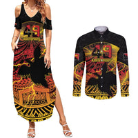 Personalised Papua New Guinea 49th Anniversary Couples Matching Summer Maxi Dress and Long Sleeve Button Shirt Bird of Paradise Unity In Diversity LT9 Black - Polynesian Pride