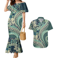 Hawaiian Hibiscus Tribal Vintage Motif Couples Matching Mermaid Dress and Hawaiian Shirt Ver 1 LT9 Sea Green - Polynesian Pride