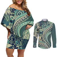 Hawaiian Hibiscus Tribal Vintage Motif Couples Matching Off Shoulder Short Dress and Long Sleeve Button Shirt Ver 1 LT9 Sea Green - Polynesian Pride