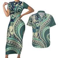 Hawaiian Hibiscus Tribal Vintage Motif Couples Matching Short Sleeve Bodycon Dress and Hawaiian Shirt Ver 1 LT9 Sea Green - Polynesian Pride