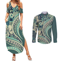 Hawaiian Hibiscus Tribal Vintage Motif Couples Matching Summer Maxi Dress and Long Sleeve Button Shirt Ver 1 LT9 Sea Green - Polynesian Pride