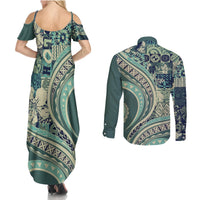 Hawaiian Hibiscus Tribal Vintage Motif Couples Matching Summer Maxi Dress and Long Sleeve Button Shirt Ver 1 LT9 - Polynesian Pride