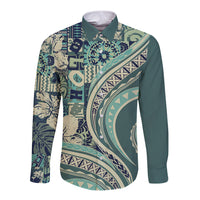 Hawaiian Hibiscus Tribal Vintage Motif Long Sleeve Button Shirt Ver 1