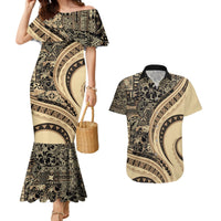 Hawaiian Hibiscus Tribal Vintage Motif Couples Matching Mermaid Dress and Hawaiian Shirt Ver 2 LT9 Beige - Polynesian Pride
