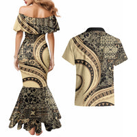 Hawaiian Hibiscus Tribal Vintage Motif Couples Matching Mermaid Dress and Hawaiian Shirt Ver 2 LT9 - Polynesian Pride