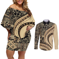 Hawaiian Hibiscus Tribal Vintage Motif Couples Matching Off Shoulder Short Dress and Long Sleeve Button Shirt Ver 2 LT9 Beige - Polynesian Pride