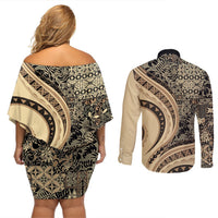 Hawaiian Hibiscus Tribal Vintage Motif Couples Matching Off Shoulder Short Dress and Long Sleeve Button Shirt Ver 2 LT9 - Polynesian Pride