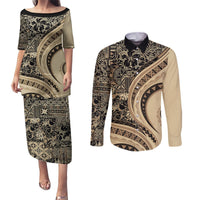 Hawaiian Hibiscus Tribal Vintage Motif Couples Matching Puletasi and Long Sleeve Button Shirt Ver 2 LT9 Beige - Polynesian Pride