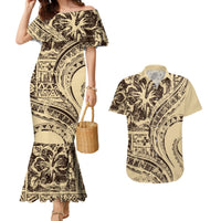 Hawaiian Hibiscus Tribal Vintage Motif Couples Matching Mermaid Dress and Hawaiian Shirt Ver 3 LT9 Beige - Polynesian Pride