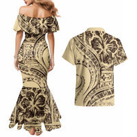 Hawaiian Hibiscus Tribal Vintage Motif Couples Matching Mermaid Dress and Hawaiian Shirt Ver 3 LT9 - Polynesian Pride