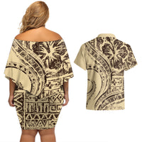 Hawaiian Hibiscus Tribal Vintage Motif Couples Matching Off Shoulder Short Dress and Hawaiian Shirt Ver 3
