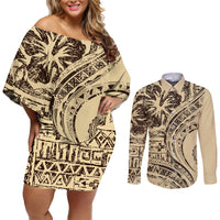 Hawaiian Hibiscus Tribal Vintage Motif Couples Matching Off Shoulder Short Dress and Long Sleeve Button Shirt Ver 3 LT9 Beige - Polynesian Pride