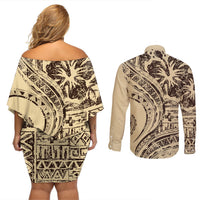 Hawaiian Hibiscus Tribal Vintage Motif Couples Matching Off Shoulder Short Dress and Long Sleeve Button Shirt Ver 3 LT9 - Polynesian Pride