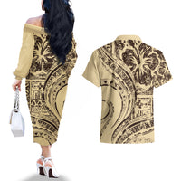 Hawaiian Hibiscus Tribal Vintage Motif Couples Matching Off The Shoulder Long Sleeve Dress and Hawaiian Shirt Ver 3