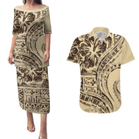 Hawaiian Hibiscus Tribal Vintage Motif Couples Matching Puletasi and Hawaiian Shirt Ver 3 LT9 Beige - Polynesian Pride