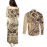 Hawaiian Hibiscus Tribal Vintage Motif Couples Matching Puletasi and Long Sleeve Button Shirt Ver 3