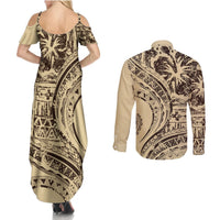 Hawaiian Hibiscus Tribal Vintage Motif Couples Matching Summer Maxi Dress and Long Sleeve Button Shirt Ver 3 LT9 - Polynesian Pride