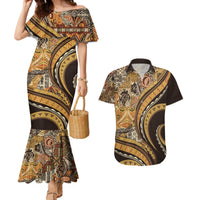 Hawaiian Hibiscus Tribal Vintage Motif Couples Matching Mermaid Dress and Hawaiian Shirt Ver 4 LT9 Gold - Polynesian Pride