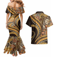 Hawaiian Hibiscus Tribal Vintage Motif Couples Matching Mermaid Dress and Hawaiian Shirt Ver 4 LT9 - Polynesian Pride