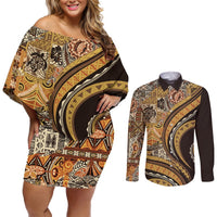 Hawaiian Hibiscus Tribal Vintage Motif Couples Matching Off Shoulder Short Dress and Long Sleeve Button Shirt Ver 4 LT9 Gold - Polynesian Pride