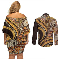 Hawaiian Hibiscus Tribal Vintage Motif Couples Matching Off Shoulder Short Dress and Long Sleeve Button Shirt Ver 4 LT9 - Polynesian Pride