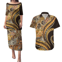 Hawaiian Hibiscus Tribal Vintage Motif Couples Matching Puletasi and Hawaiian Shirt Ver 4 LT9 Gold - Polynesian Pride