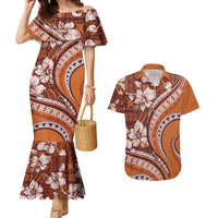 Hawaiian Hibiscus Tribal Vintage Motif Couples Matching Mermaid Dress and Hawaiian Shirt Ver 5 LT9 Gold - Polynesian Pride