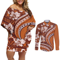 Hawaiian Hibiscus Tribal Vintage Motif Couples Matching Off Shoulder Short Dress and Long Sleeve Button Shirt Ver 5 LT9 Gold - Polynesian Pride