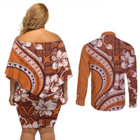 Hawaiian Hibiscus Tribal Vintage Motif Couples Matching Off Shoulder Short Dress and Long Sleeve Button Shirt Ver 5 LT9 - Polynesian Pride