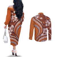 Hawaiian Hibiscus Tribal Vintage Motif Couples Matching Off The Shoulder Long Sleeve Dress and Long Sleeve Button Shirt Ver 5 LT9 - Polynesian Pride