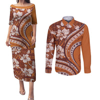 Hawaiian Hibiscus Tribal Vintage Motif Couples Matching Puletasi and Long Sleeve Button Shirt Ver 5
