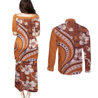 Hawaiian Hibiscus Tribal Vintage Motif Couples Matching Puletasi and Long Sleeve Button Shirt Ver 5