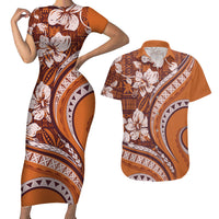 Hawaiian Hibiscus Tribal Vintage Motif Couples Matching Short Sleeve Bodycon Dress and Hawaiian Shirt Ver 5 LT9 Gold - Polynesian Pride