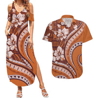 Hawaiian Hibiscus Tribal Vintage Motif Couples Matching Summer Maxi Dress and Hawaiian Shirt Ver 5 LT9 Gold - Polynesian Pride