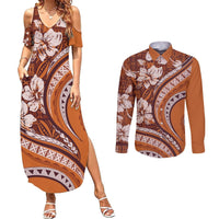 Hawaiian Hibiscus Tribal Vintage Motif Couples Matching Summer Maxi Dress and Long Sleeve Button Shirt Ver 5 LT9 Gold - Polynesian Pride