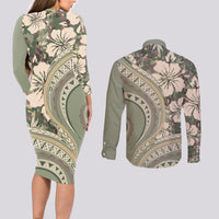 Hawaiian Hibiscus Tribal Vintage Motif Couples Matching Long Sleeve Bodycon Dress and Long Sleeve Button Shirt Ver 6 LT9 - Polynesian Pride