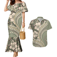 Hawaiian Hibiscus Tribal Vintage Motif Couples Matching Mermaid Dress and Hawaiian Shirt Ver 6 LT9 Green Pastel - Polynesian Pride