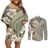 Hawaiian Hibiscus Tribal Vintage Motif Couples Matching Off Shoulder Short Dress and Long Sleeve Button Shirt Ver 6 LT9 Green Pastel - Polynesian Pride